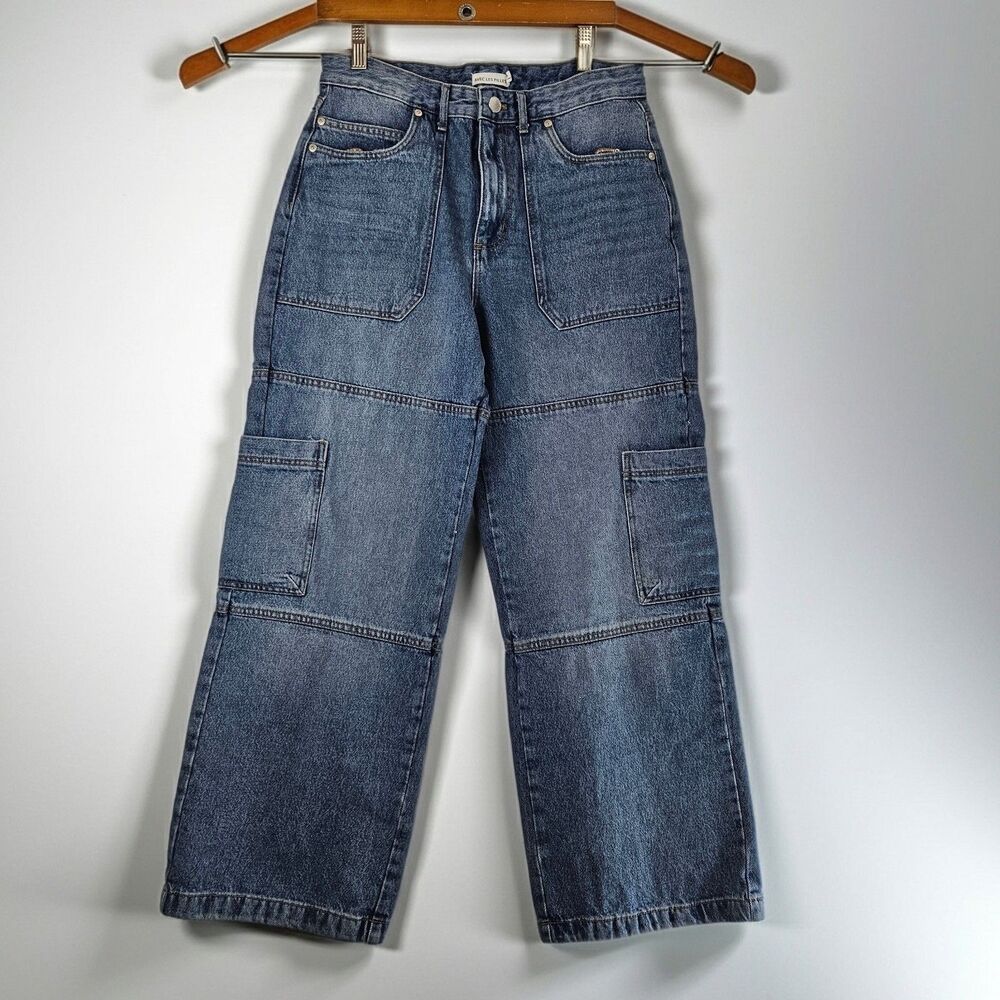 Avec Les Filles Sz 28 Wide Leg Cargo Jeans Rigid Denim
